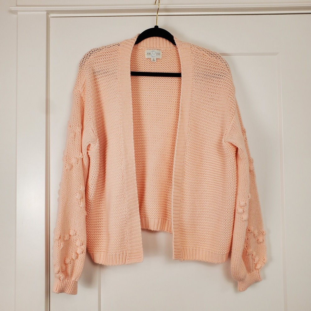 Jun & Ivy Cardigan Sweater Womens Medium Pink Pom Pom Puff Sleeve Shaker Knit